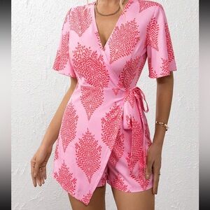 Brand New Pink Print Knot Side Wrap Romper